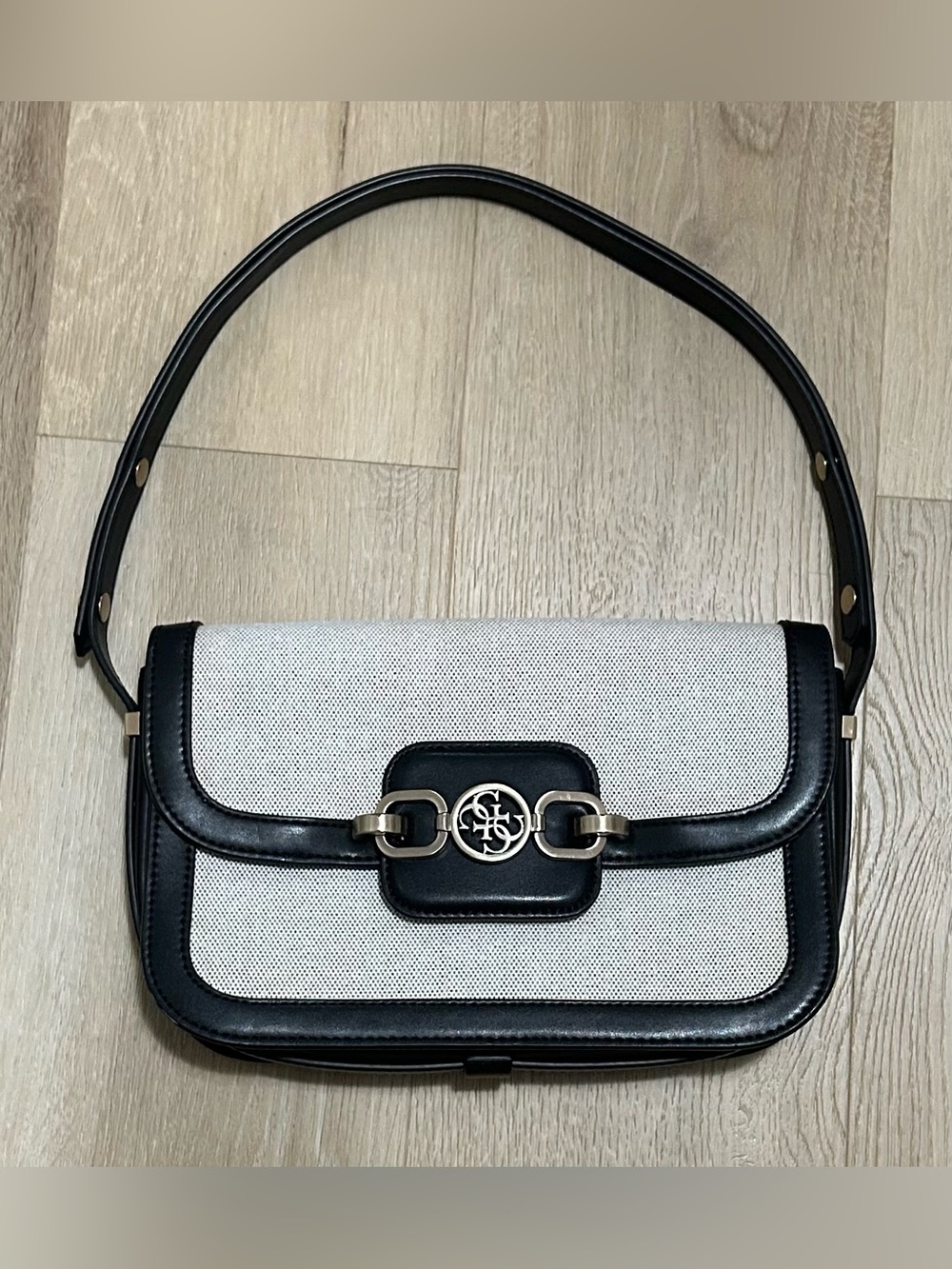 Guess Black and Cream Shoulder Bag with Logo Hardware